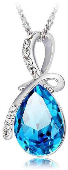 ICE Rhinestone Crystal Water Drop Pendant Necklace Silver Blue for Women