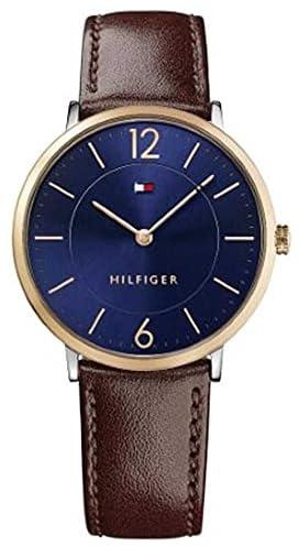 ساعة يد كوارتز بسوار من الجلد للرجال من تومي هيلفيجر - موديل 1710354، بمينا أزرق، بسوار بني