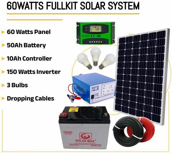 Solarmax 60 Watts Solar Panel Special All Weather Fullkit + 50AH Battery + 150W Solar Inverter + 10 Ah Charge Controller+3 bulbs + dropping cables