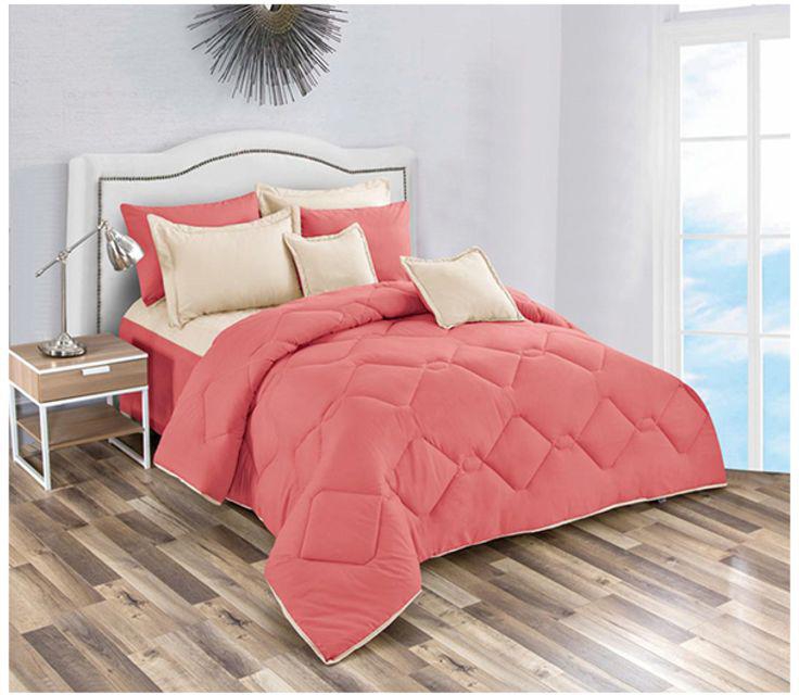 8-Piece Comforter Set Microfibre Pink/Beige 250x230 centimeter