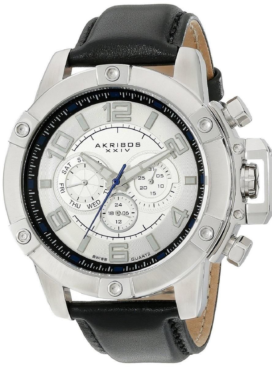 Akribos XXIV Conqueror Men's Silver Dial Leather Band Watch - AK605WT