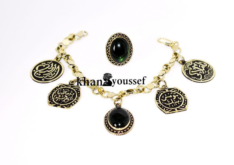 Khan Youssef 2 Pieces / Set Women / Bracelet And Ring Green Stone Copper Jewelry