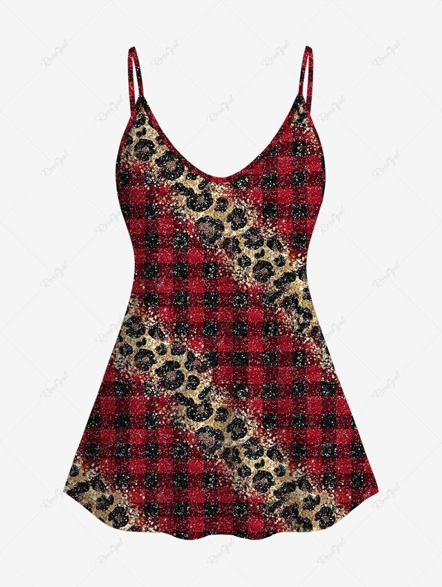 Plus Size 3D Red Black Checkered And Leopard Print Cold Shoulder Tee - 5x | Us 30-32