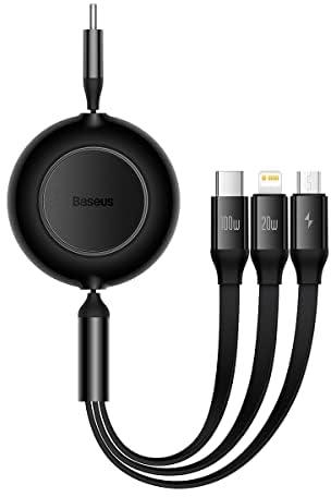 Baseus Bright Mirror 2 Series Fast Charging Cable,100W 1.2M 3 in 1 Retractable Type-C Charging Cable with Lightning/Type C/Micro Port 1.1M, for iPhone, for Samsung Galaxy, Huawei, OnePlus（BLACK）