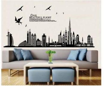 ملصق جداري من بلاستيك بي في سي قابل للإزالة بتصميم منظر لمدينة دبي لديكور المنزل أسود 90x60سم
