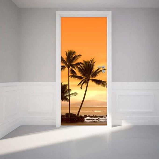 ملصق حائط ثلاثي الابعاد باب اشجار النخيل على الشاطئ وغروب الشمس