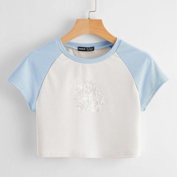 Women's T-shirt Made Of Ribbed Cotton - White & Baby Blue