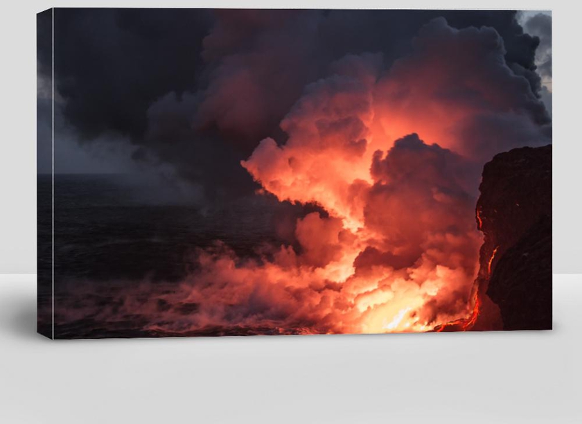 Hot Bright Lava Streams Flowing Into the Ocean Making Big Clouds