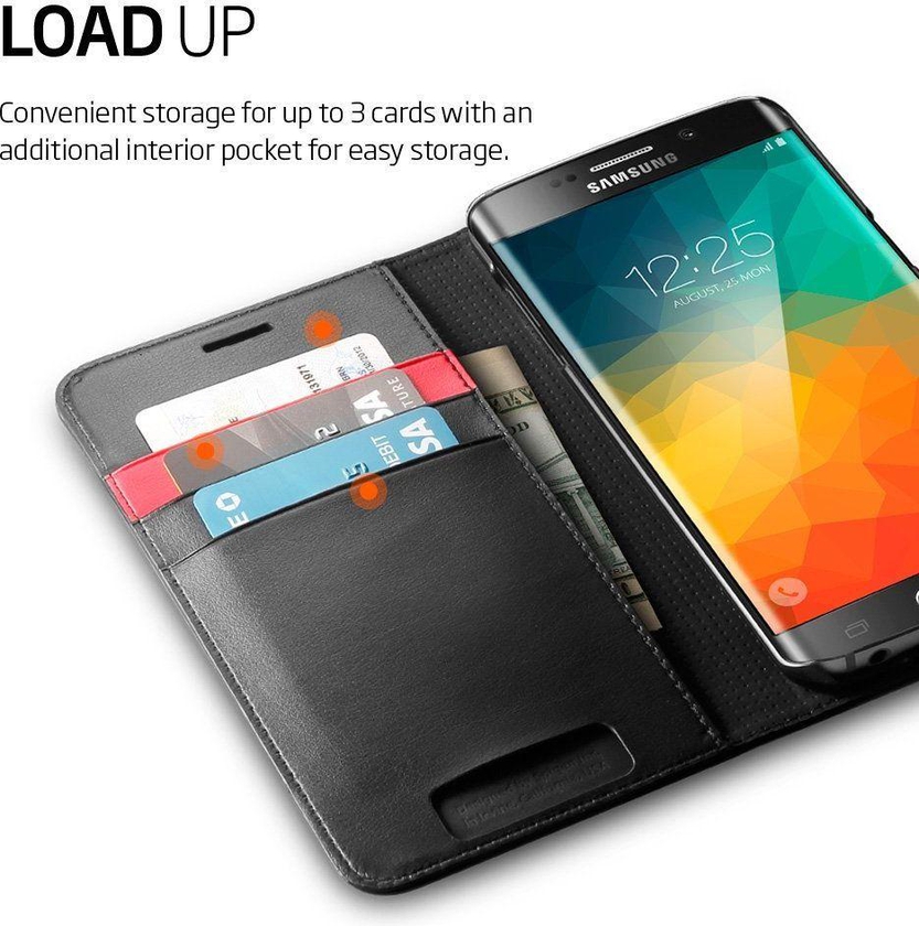 جراب جالكسي اس6 ايدج بلس Galaxy S6 Edge Plus محفظة جلد اسود , مكان لحفظ البطاقات والمال