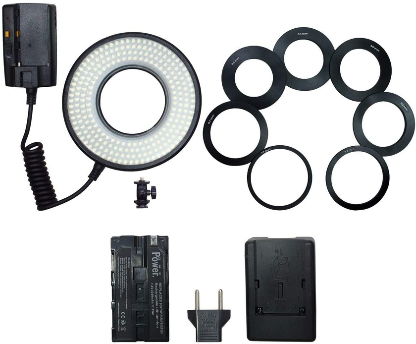 DMK Power Dmk-230 Macro Ultra Ring Light 232 LED Beads With Power Controller, Battery And Ring Adapters 52mm 55mm 58mm 62mm 67mm 72mm 77mm For Canon Nikon Lens