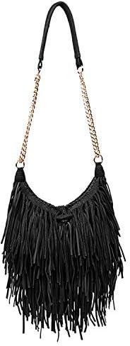 LUI SUI Women's Fringed Faux Suede Leather Cross Body Bag Chain Shoulder Bag Tassel Handbag
