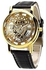 Fashion Skeleton Men's Leather Watch With Gold Dial - Black