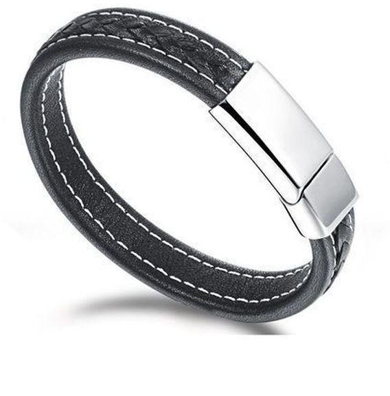 Leather Bracelet With Silver Clamp - Black