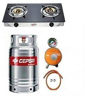 Cepsa 12.5kg Gas Cylinder Stainless With Universal Glass Top Double Burner, Metered Regulator, Hose With Clips