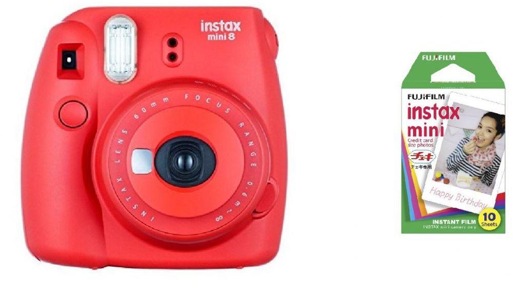 Fujifilm Instax Mini 8 Instant Polariod Film Camera - Raspberry Red + Mini Instax Polaroid Film 10 Sheets - Bundle Kit