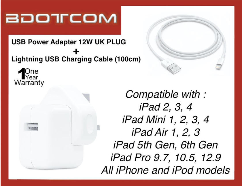 Power Adapter USB UK Plug 12W Charger with Lightning Cable