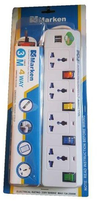 Marken 4way Extension With 2 USB Ports With 2M Cable