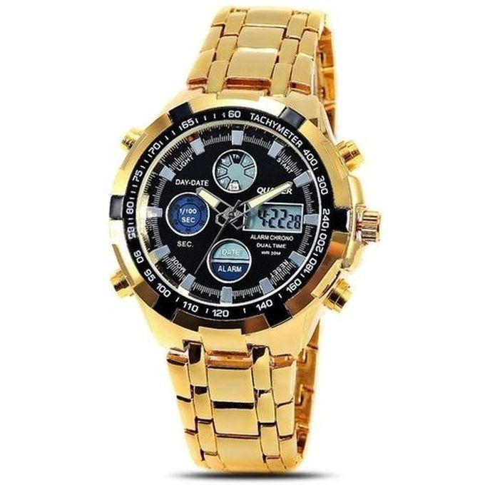 Quamer Men's Executive Waterproof Analogue And LED Watch - Gold/ Black