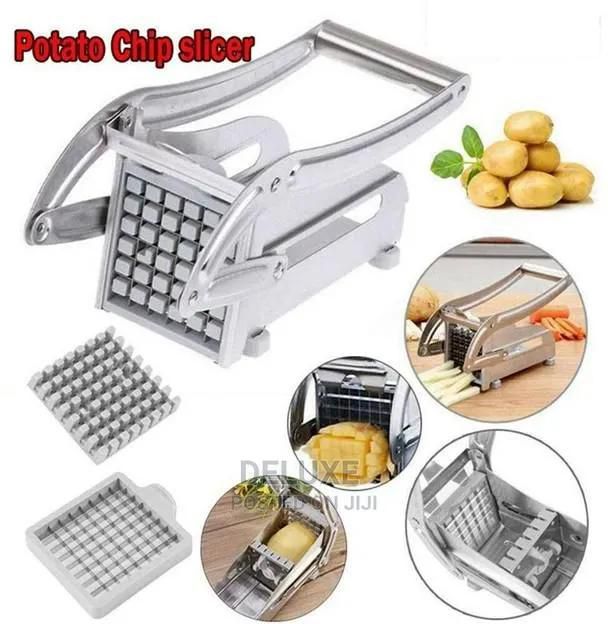 Generic Stainless Steel Potato Chipper Chips Cutter WITH 2 Blades Color : Silver Size: Stainless Steel Potato Cutter (Approx. 10 x 5 inch) 36 Hole Potato Fries Cutter (3x3 inch) 64