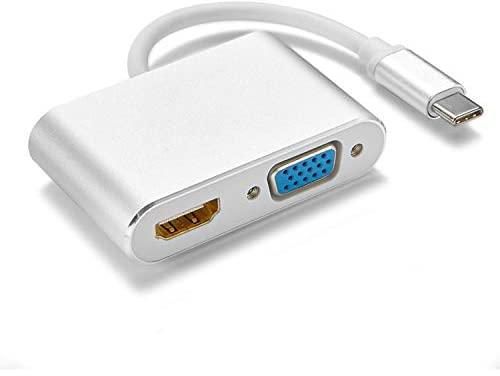 محول USB C الى HDMI + VGA، محول USB 2 في 1 من النوع C الى 4K HDMI + VGA عرض متزامن، محول فيديو متوافق مع ماك بوك برو، كروم بوك بيكسل، ديل XPS (فضي)