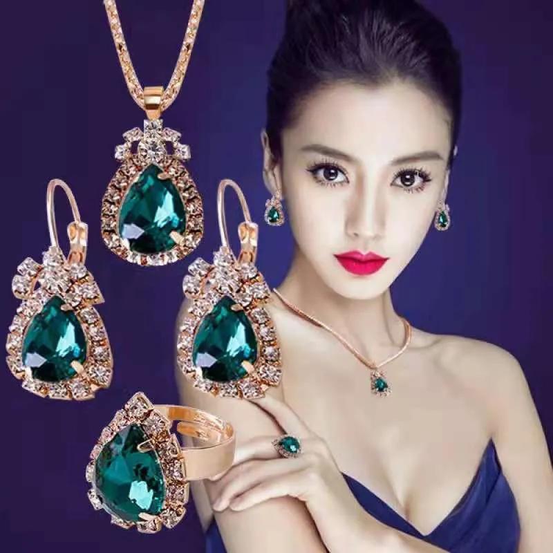 3Pcs/Set Jewelry Set for Women Round Crystal Pendants Earrings Ring Sets Bridal Decoration Colorful Fashion Gifts