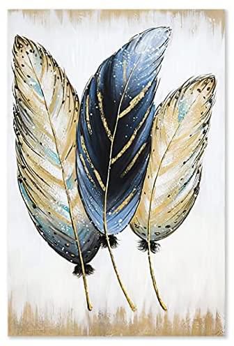 Blue Feather Wall Decor Luxury Gold Wall Art Golden Feather Wall Art Abstract Feather Paintings Bedroom Living Room Abstract Artwork Wall Print Decor Room Kitchen Modern Mural 24x36inchx1pcs No Frame