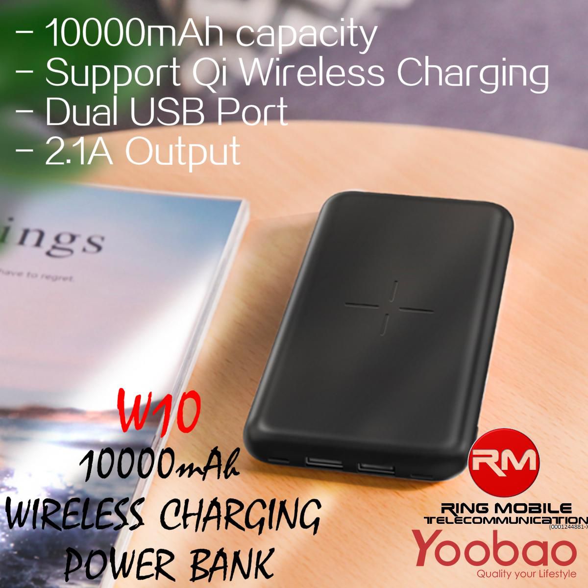 Yoobao W10 Wireless Power Bank 10000mAh Dual USB Port Quick Charge