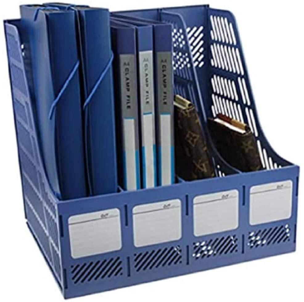 Generic Desktop 4 Section Magazine Plastic Holders Frames File Dividers Document Cabinet Rack Display And Storage Organiser Box Blue