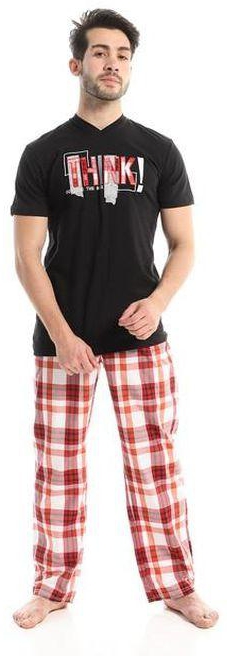 Andora Plaids Elastic Waist Pants Cotton Pajama Set - Black & Orange