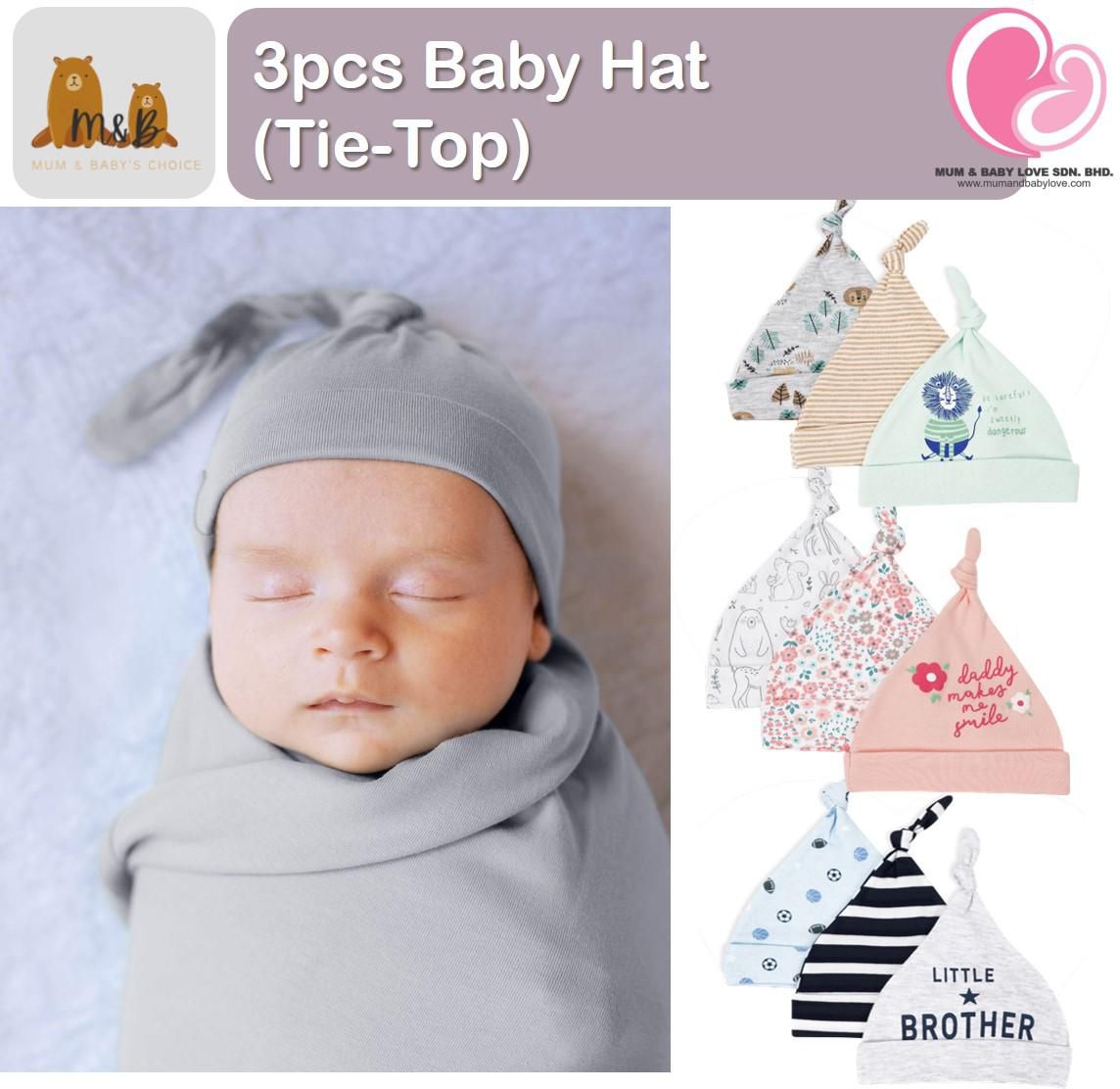Sunnozy 3pcs Baby Hat Newborn (Tie-Top) Newborn Hat - 7 Options