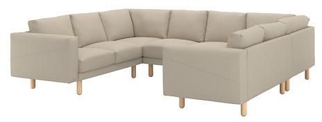NORSBORG U-shaped sofa, 6 seat, Edum beige beige/birch