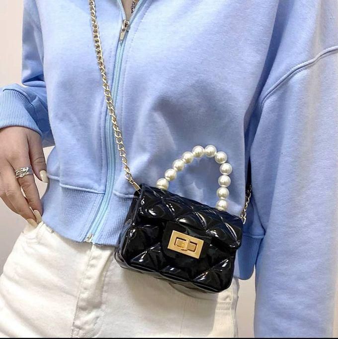 Women Mini Crossbody Purse Shoulder Bag Pearl Top Handle With Chain Strap Black Color