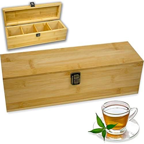 Zen Earth Inspired Wooden Tea Organizer Box, Bamboo Storage Chest | 4-Slot Tall, Adjustable Compartments | 100% Handmade Craft Eco-Friendly Natural Decor