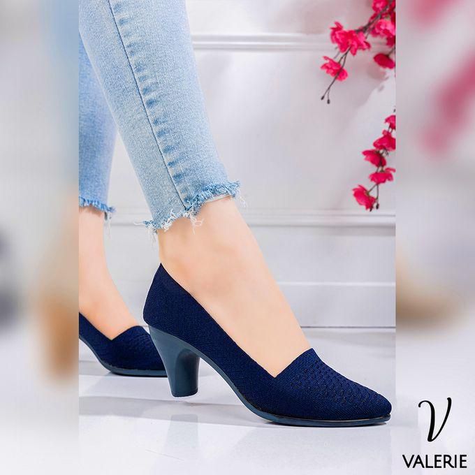 Solid Color Knitting Woman Mid Heeled Shoes - Navy Blue
