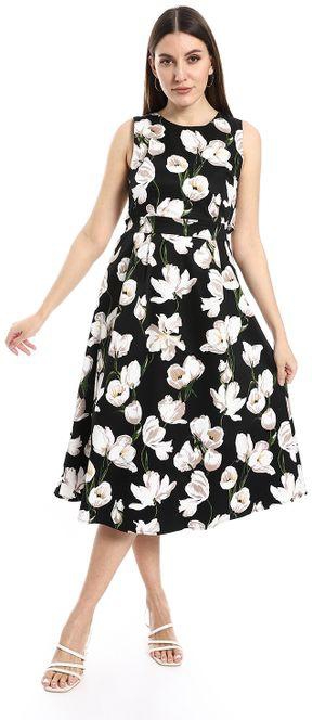 Playblu Floral Print Sleeveless Midi Dress With Elastic Waist Cut