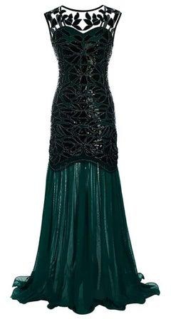 Ruffles Hem Sequined Gown Dress Dark Green/Black