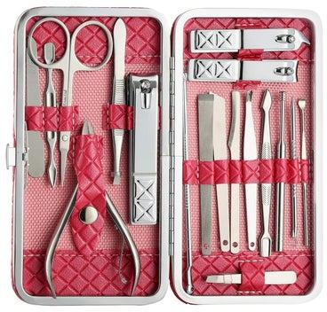 18-Piece Nail Utility Grooming Set With Leather Case Pink/Silver