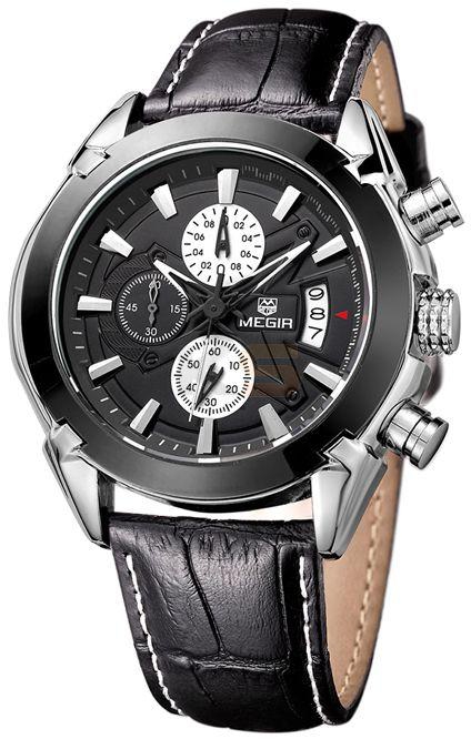MEGIR 2714 Male Causal Geniune Leather Quartz Watch Date Chronograph Fashion Clock with 3 Small Working Dial Waterproof-Black