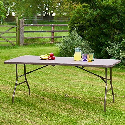 SA Products Rectangular 6ft Folding Table - Dining Furniture for BBQ, Picnic, Camping - Rattan Effect Design - Bistro-Style Outdoor Table for Garden, Patio, Backyard - 180x74x74cm, Brown & Granite
