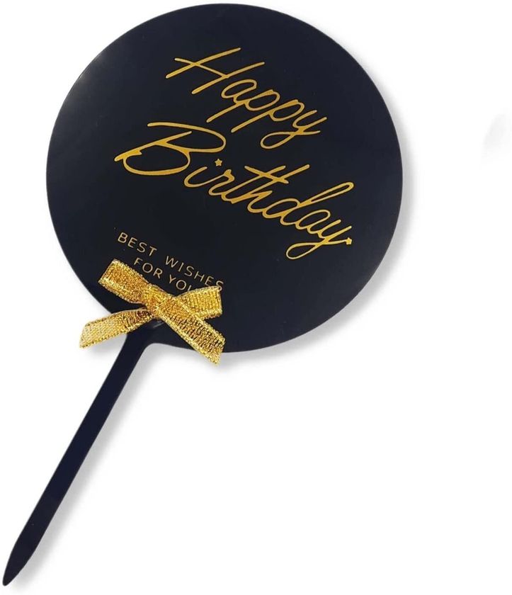 Party Time 1-Piece Black &amp; Gold Round Acrylic Happy Birthday Cake Topper for Birthday Decoration, Happy Birthday Cake Decorations - Party Supplies