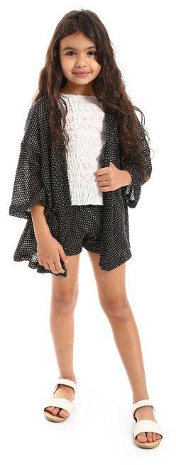 Kady 3/4 Sleeves Open Neckline With Front Pockets Cardigan Girls Set - Navy Blue & Gold