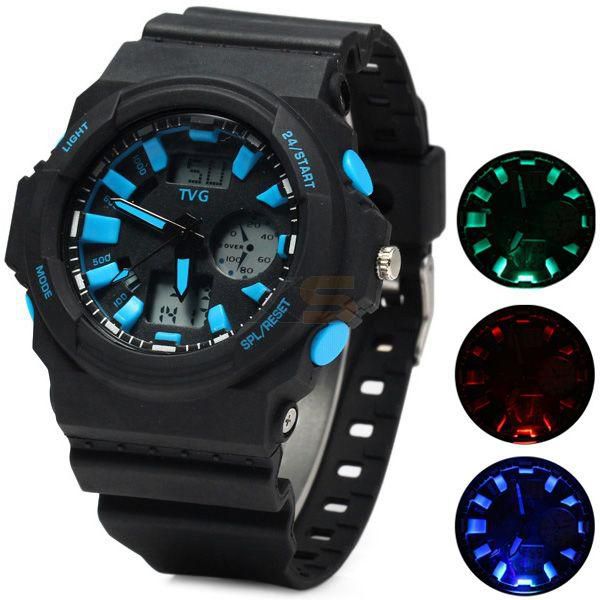 TVG KM391 Unisex Table Dual-Movt Outdoor Sports Water Resistant Wrist Watch with LED and Rubber Watchband
