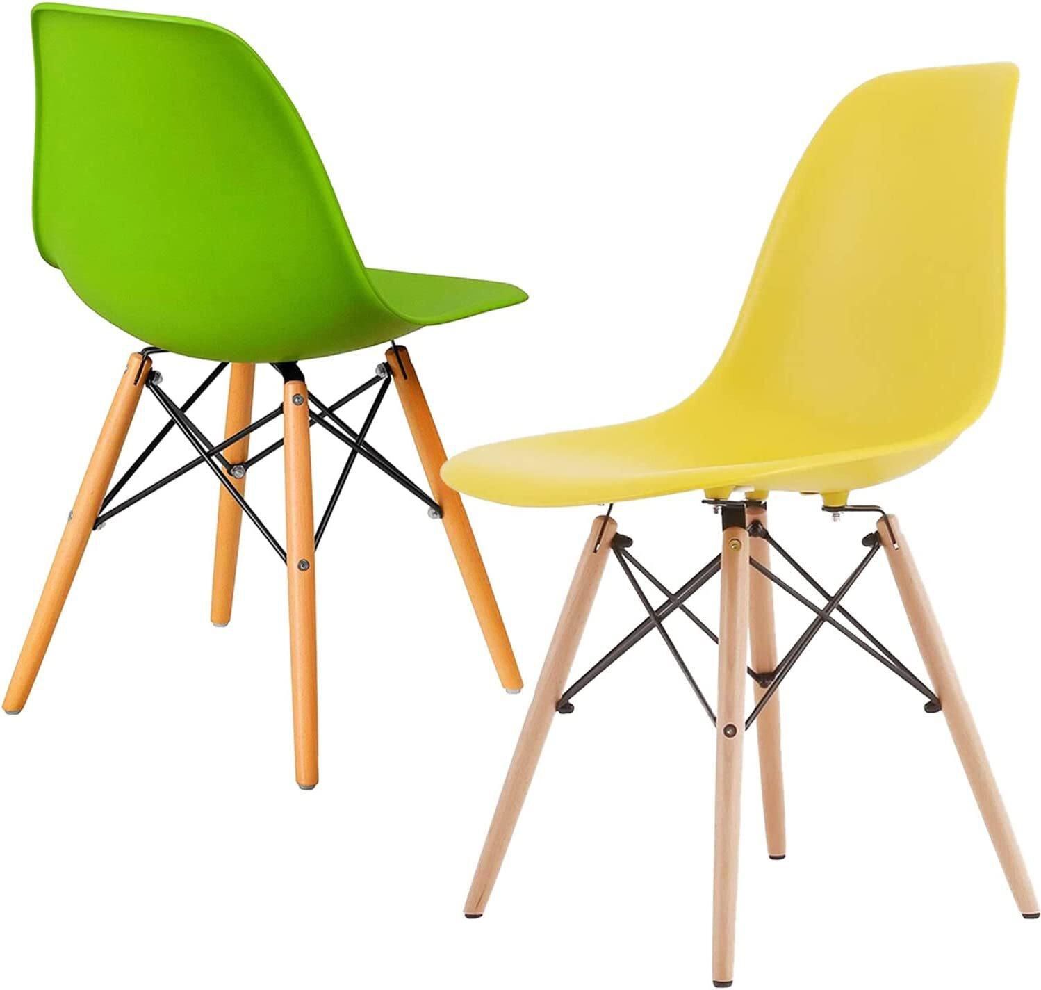 Dining Chairs, Modern Kitchen Dining Side Chair, Casual Shell Chair, Eames Style Chair, Plastic Chairs with Wooden Legs, for Home Office Hotel Bistro Cafe Restaurant, Set of 2 (Green&amp;Yellow)