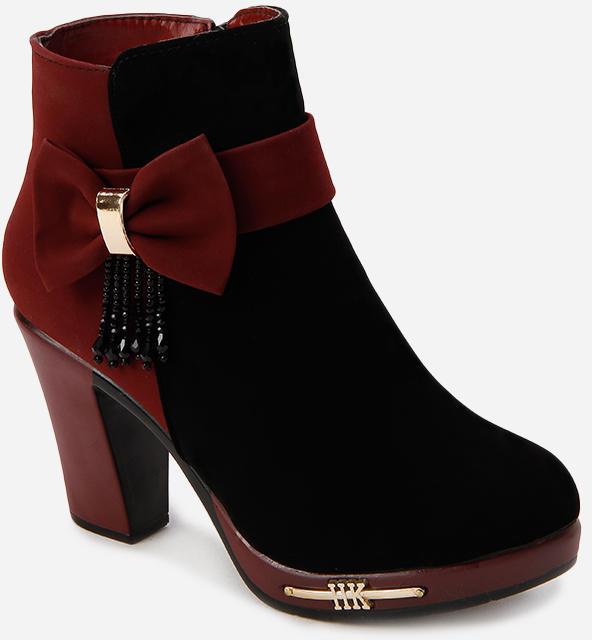 KAIGUAN Bow Heeled Ankle Boots - Black & Burgundy