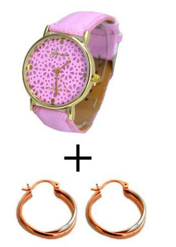 Generic Geneva Leather Watch - PINK + Circular Earring - Gold/Silver