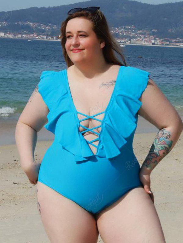 Plus Size Ruffle Lattice One-piece Swimsuit - L