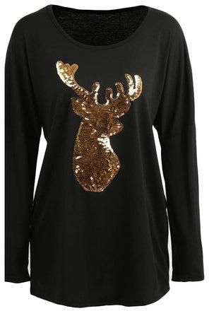 Long Sleeves Sparkling Sequin Deer T-shirt Black