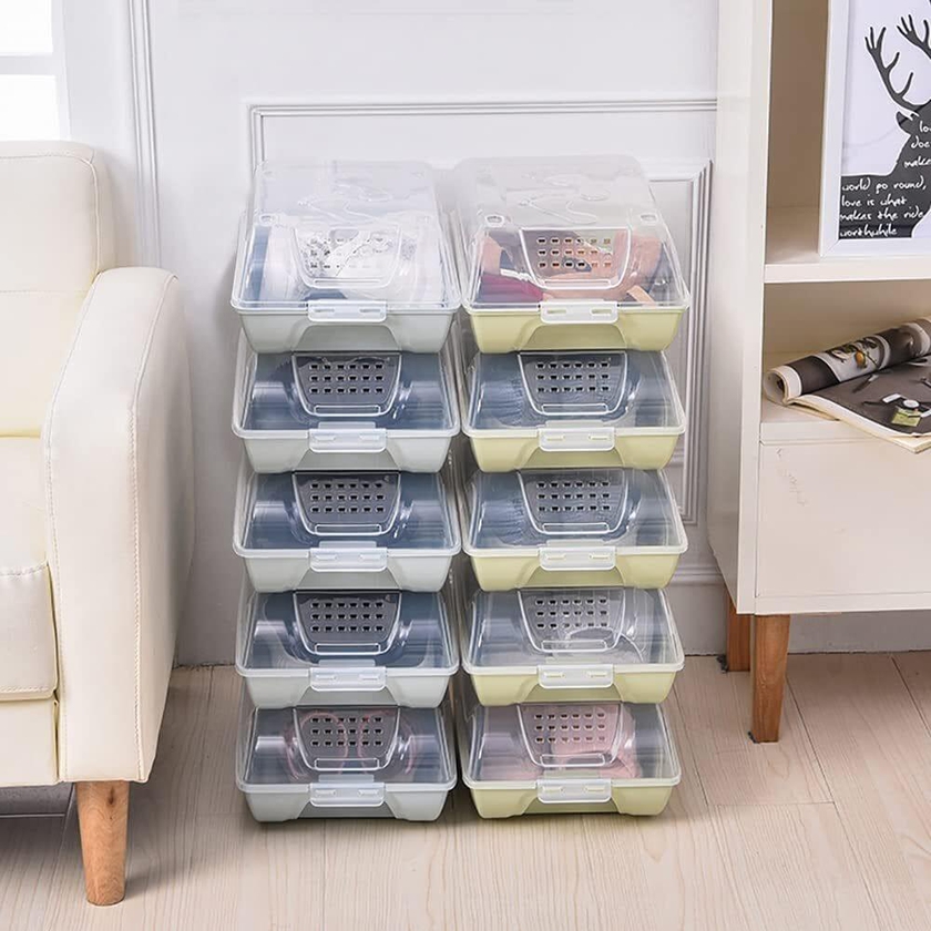 Stackable Shoe Box, Plastic Shoe Storage Box, Clear Stackable Shoe Organizer Bins for Closet, Space Saving Shoe Holder Sneaker Display Case, Shoe Organizer Containers with Lids, 10 Pack (Multicolor)