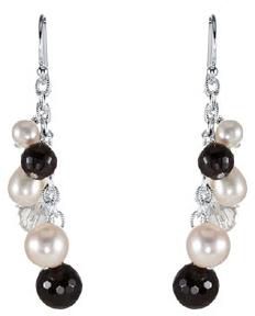 Onyx Crystal and Freshwater Pearl Earrings in Rhodium Treated 925 Sterling Silver