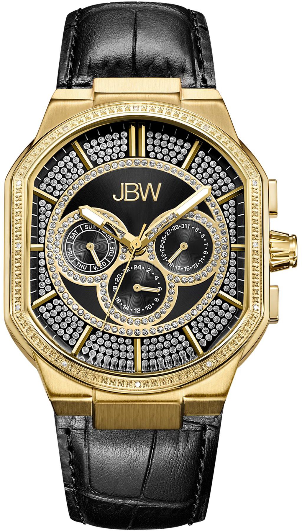 JBW Men's Orion 12 Diamonds Gold Black Leather Chronograph Watch